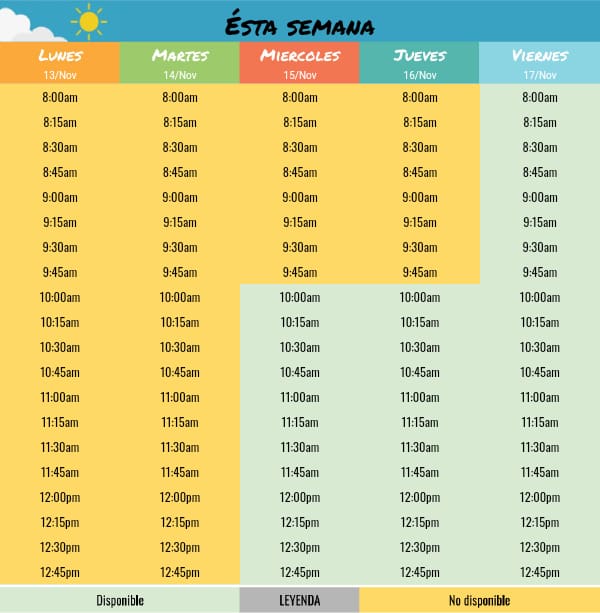 Imagen indicando las horas disponibles con color verde y las no disponibles con color amarillo.